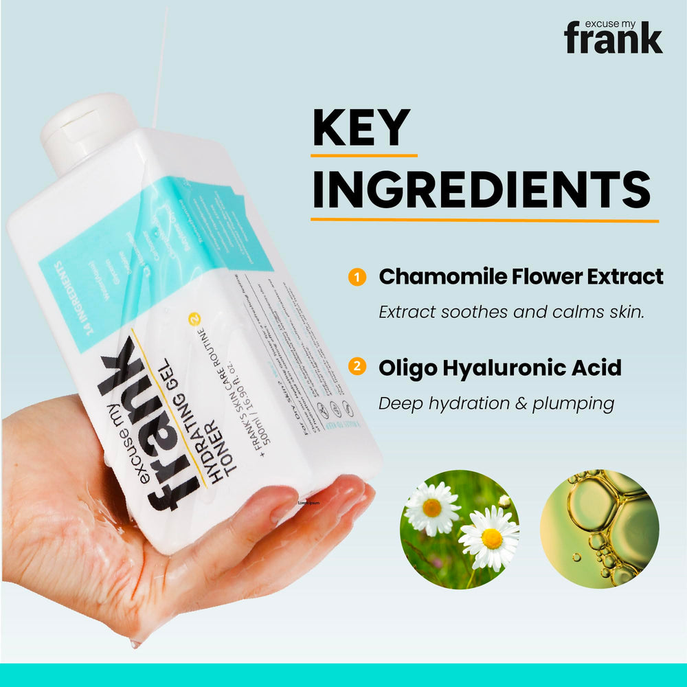 Excuse My Frank Hydrating Gel Toner ingredients highlight chamomile and oligo hyaluronic acid.