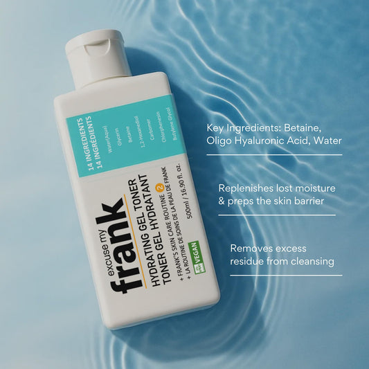 Excuse My Frank Hydrating Gel Toner pump top offers quick, non-sticky refreshing application.
