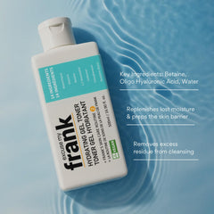 Excuse My Frank Hydrating Gel Toner pump top offers quick, non-sticky refreshing application.
