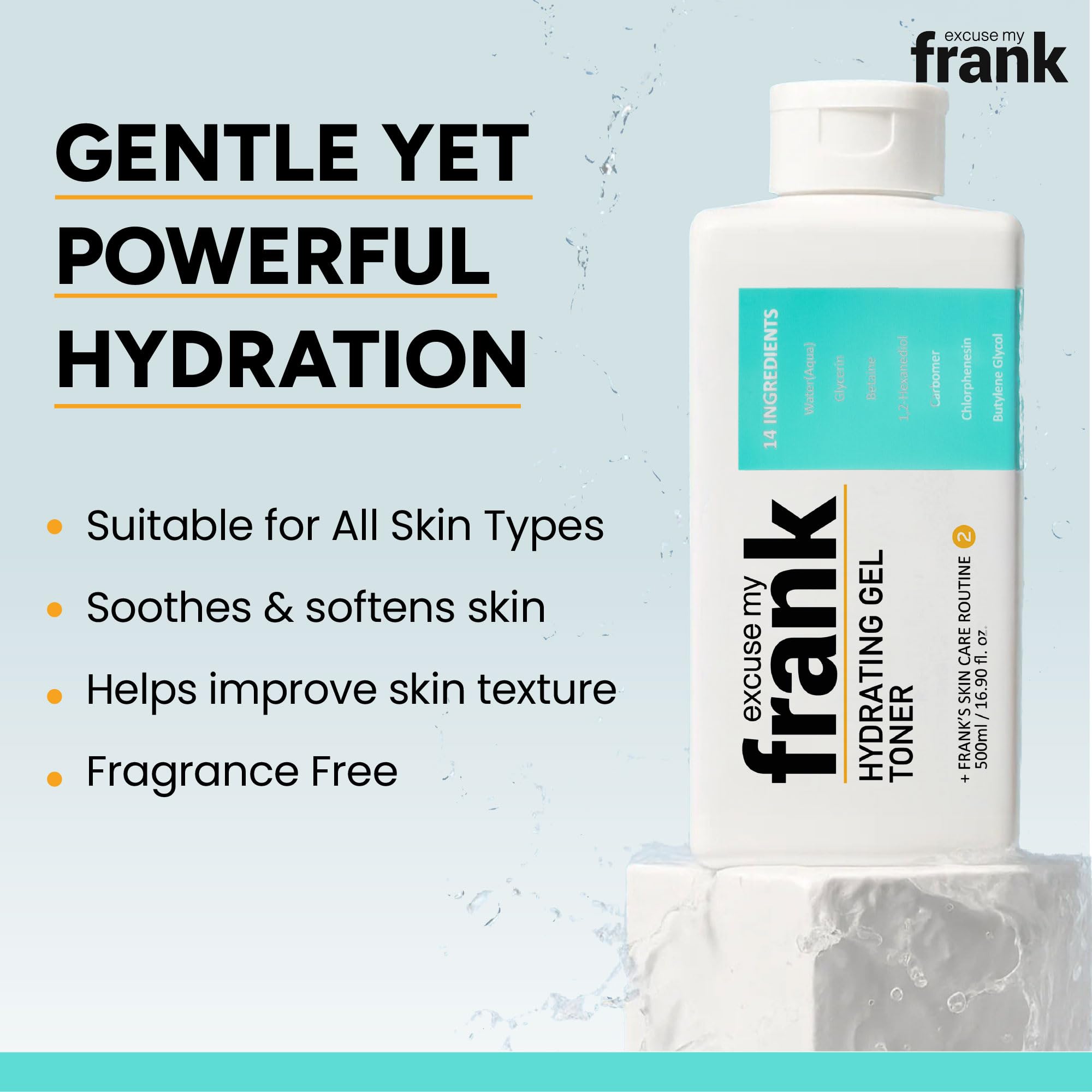 Close-up of Excuse My Frank Hydrating Gel Toner texture shows a silky, cooling gel.