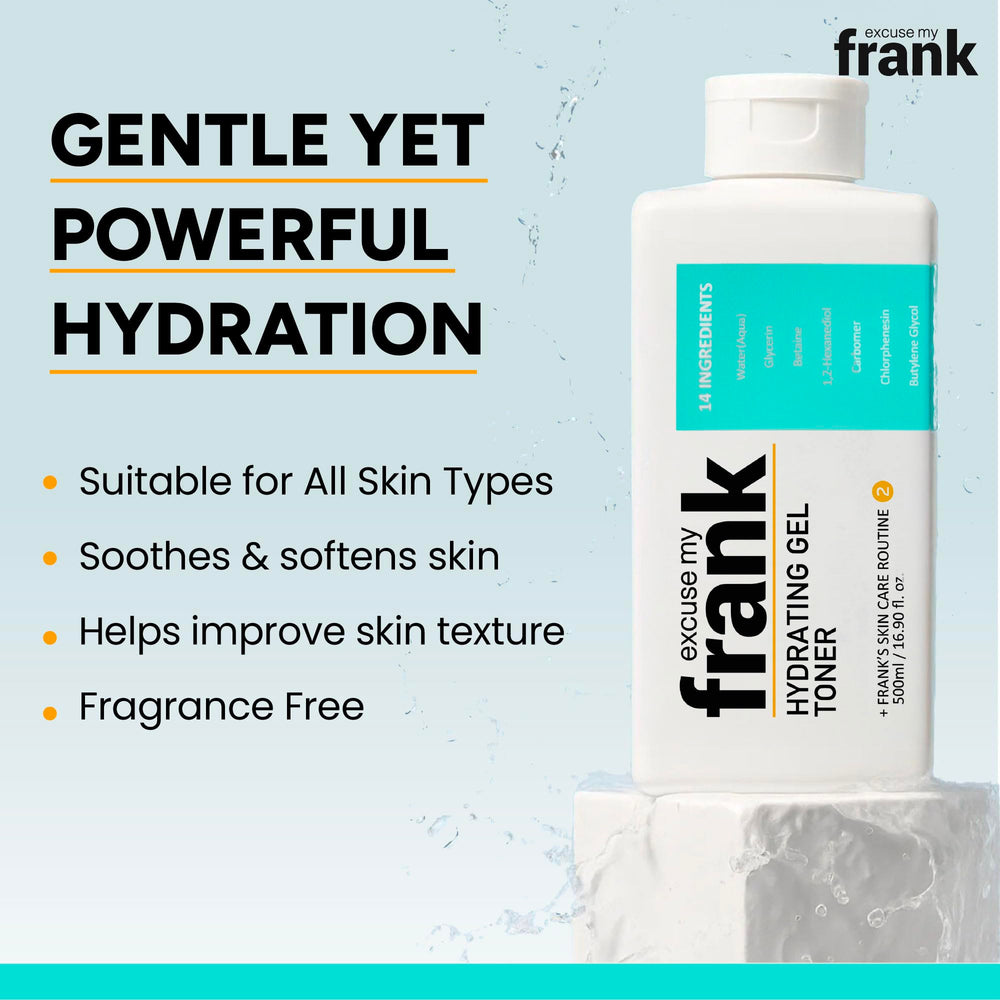 Close-up of Excuse My Frank Hydrating Gel Toner texture shows a silky, cooling gel.