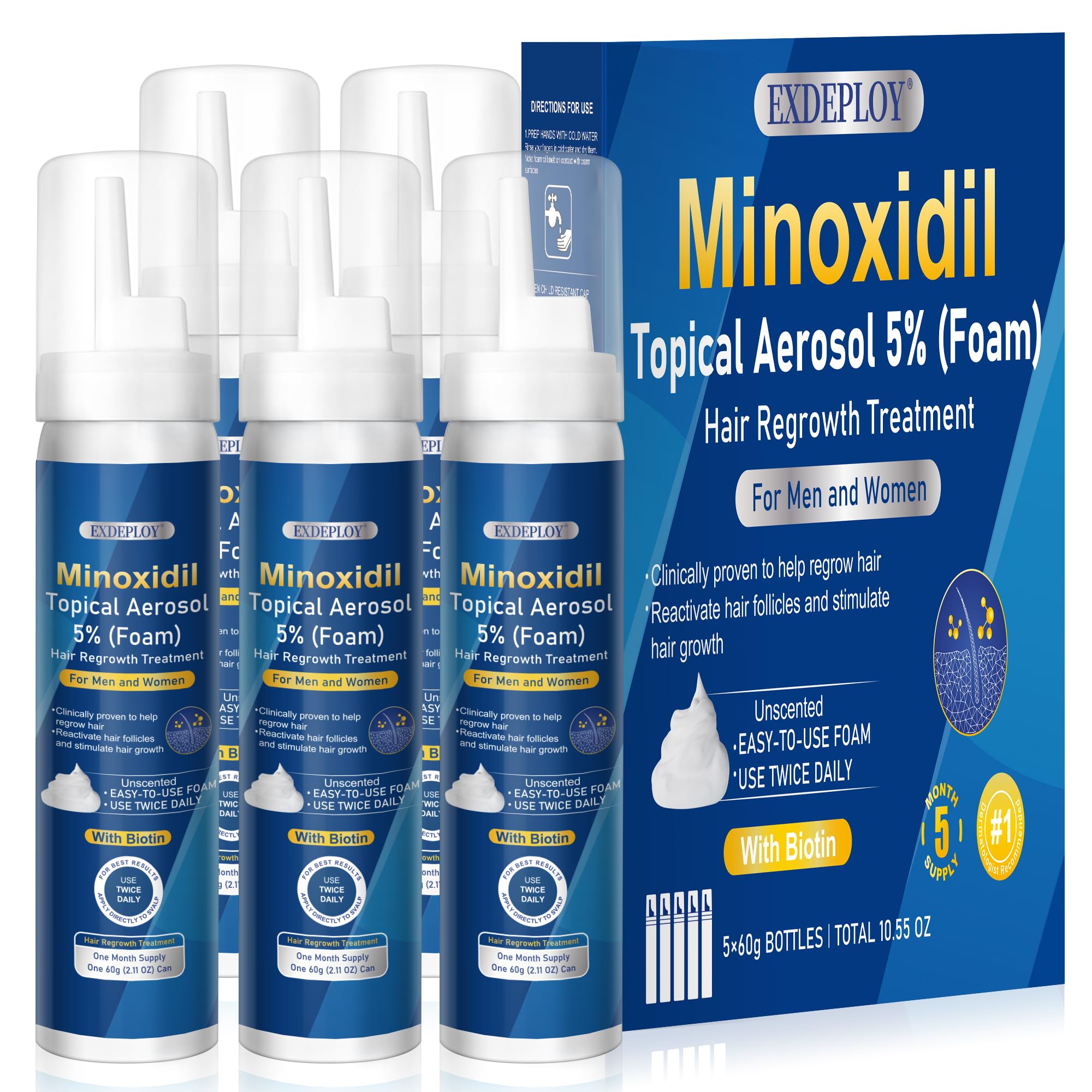 Exdeploy 5% Minoxidil foam bottle ready for scalp use, supporting fuller hair.