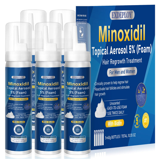 Exdeploy 5% Minoxidil foam bottle ready for scalp use, supporting fuller hair.