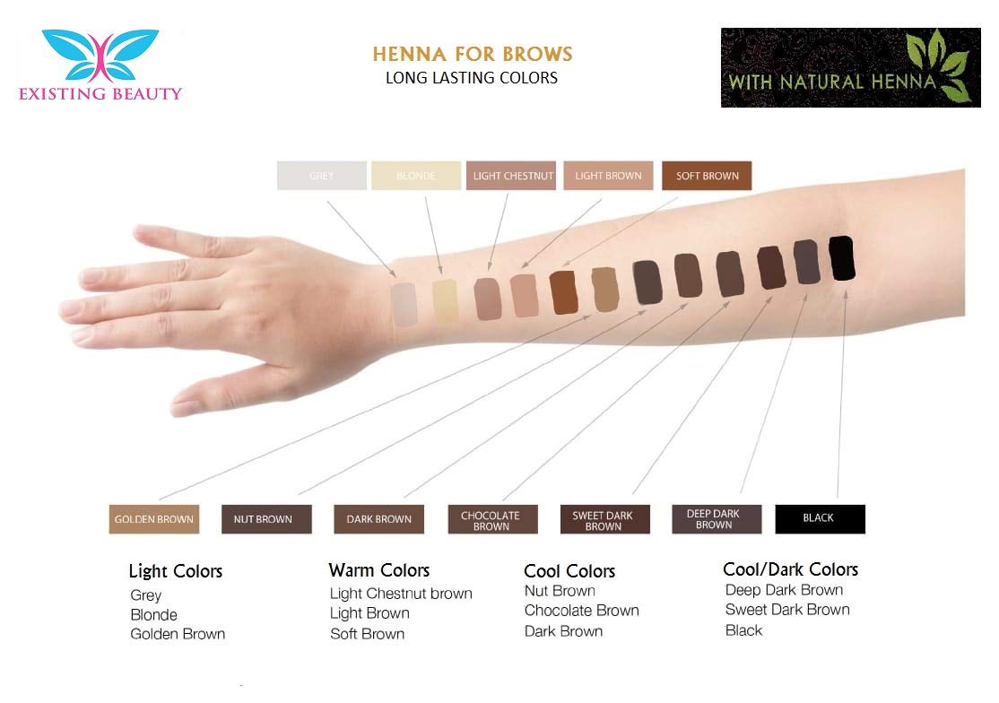 Existing Beauty light brown eyebrow henna color guide illustrating shade options