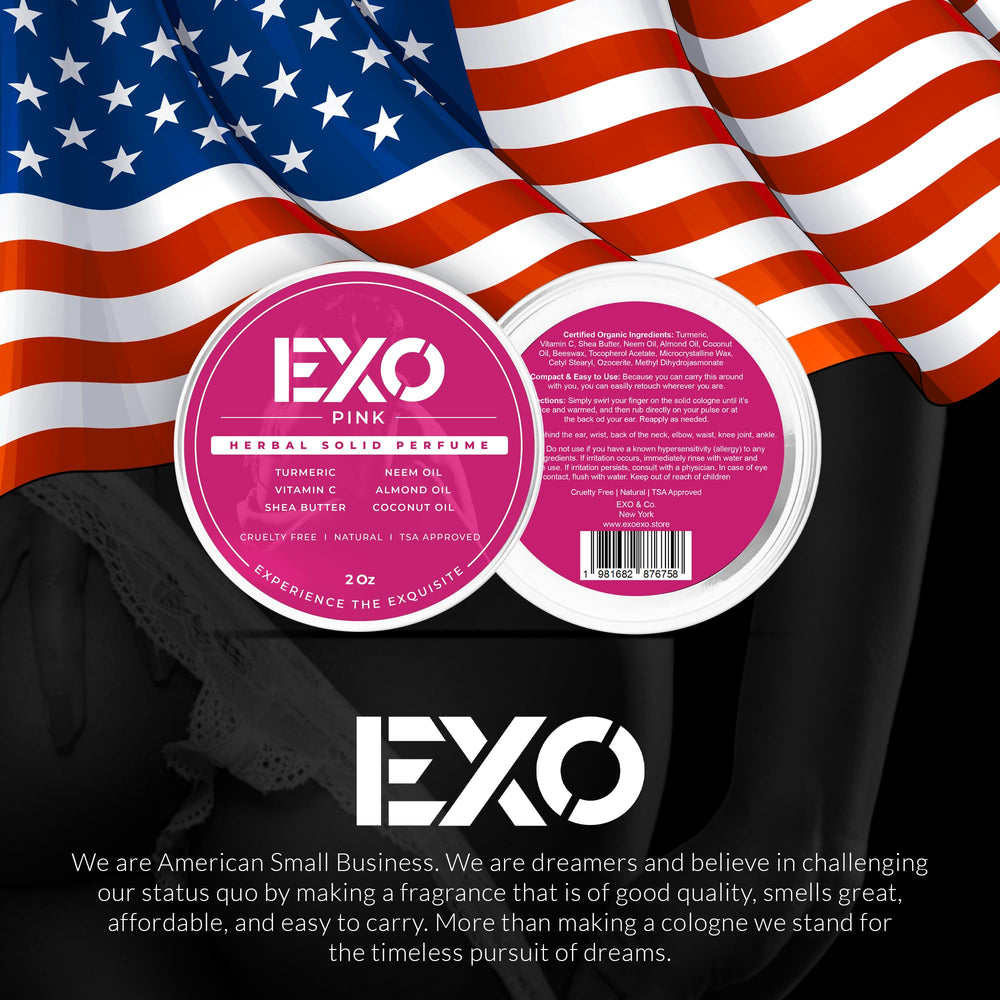 EXO solid perfume balm 2 oz size fits bag for on-the-go fragrance