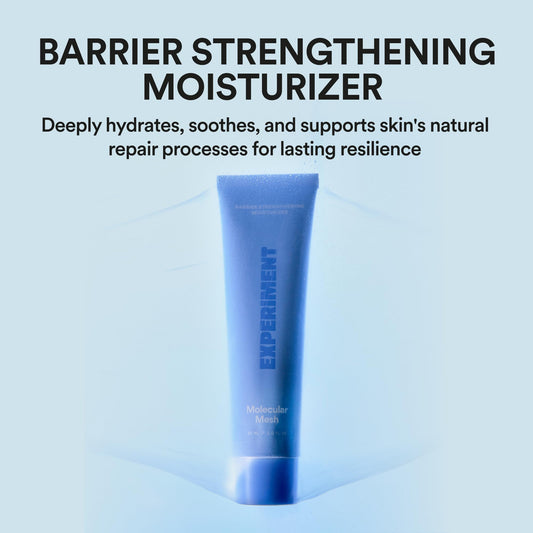 Experiment Molecular Mesh Barrier cream texture demonstrates lightweight finish suitable under makeup.