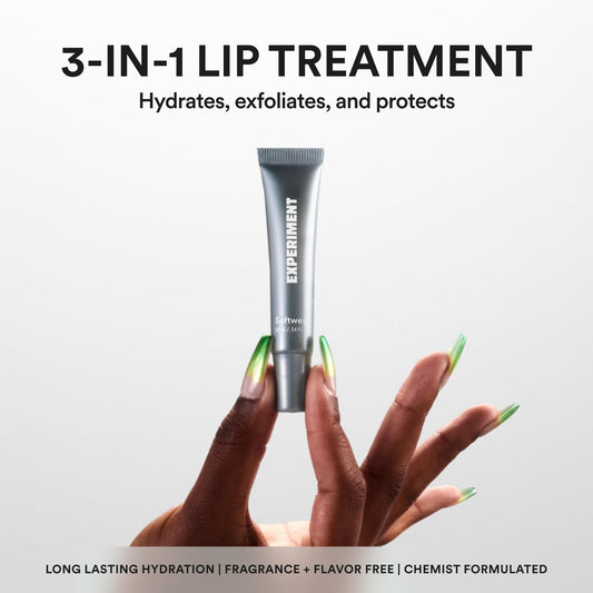 Experiment Softwear lip balm close-up texture highlights silky non-sticky finish on lips.