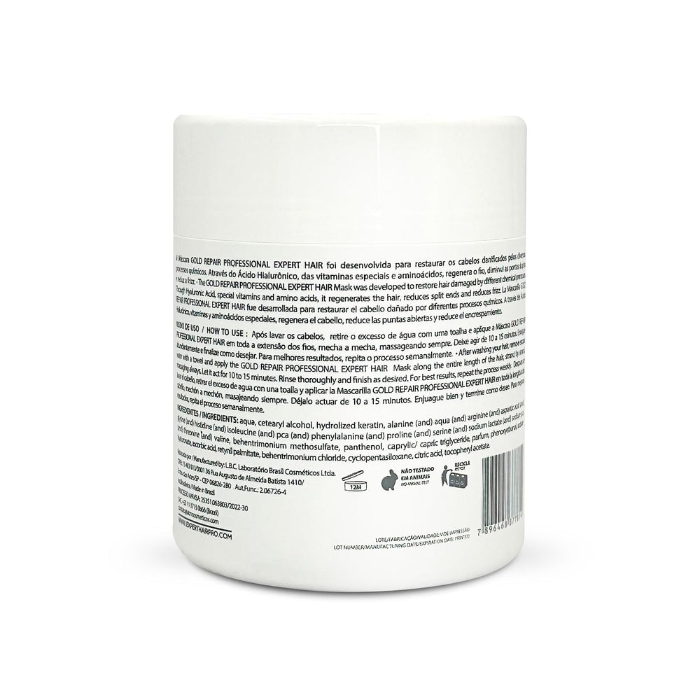 Expert Hair Gold hyaluronic acid ingredients highlight hydration for frizz-prone hair.