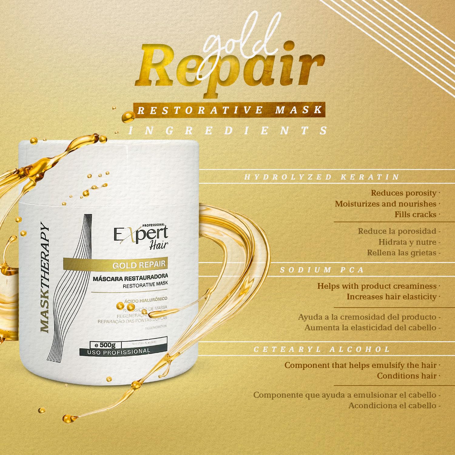 Expert Hair Gold protective formula illustration suggesting anti-damage benefits with regular use.
