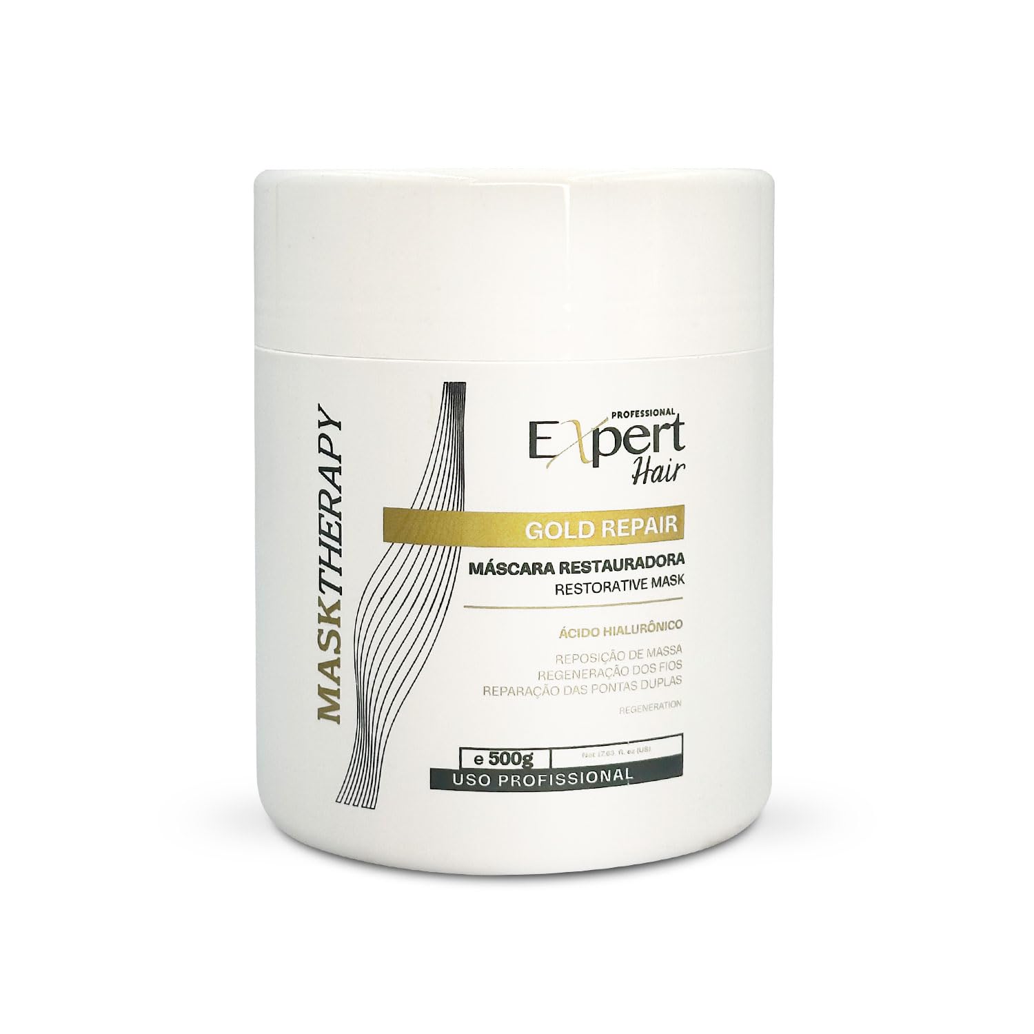 Expert Hair Gold restorative mask jar closeup; rich formula for damaged hair repair.