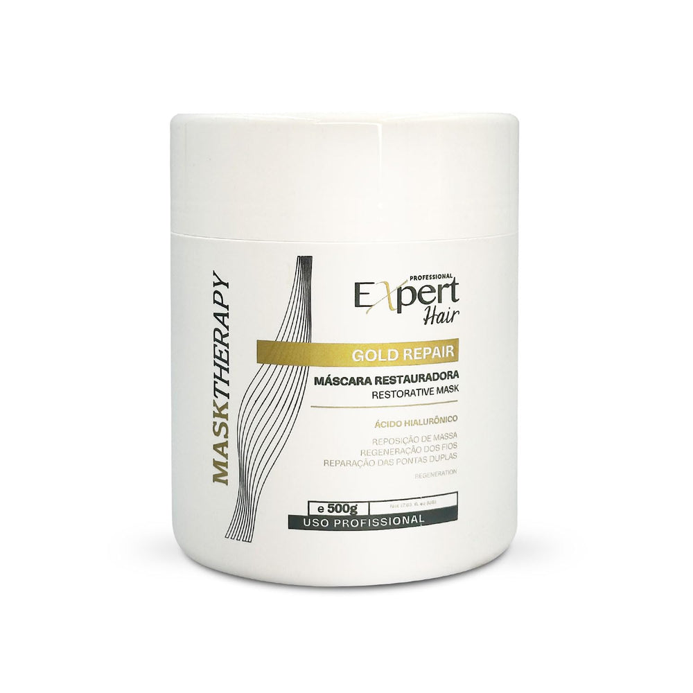 Expert Hair Gold restorative mask jar closeup; rich formula for damaged hair repair.