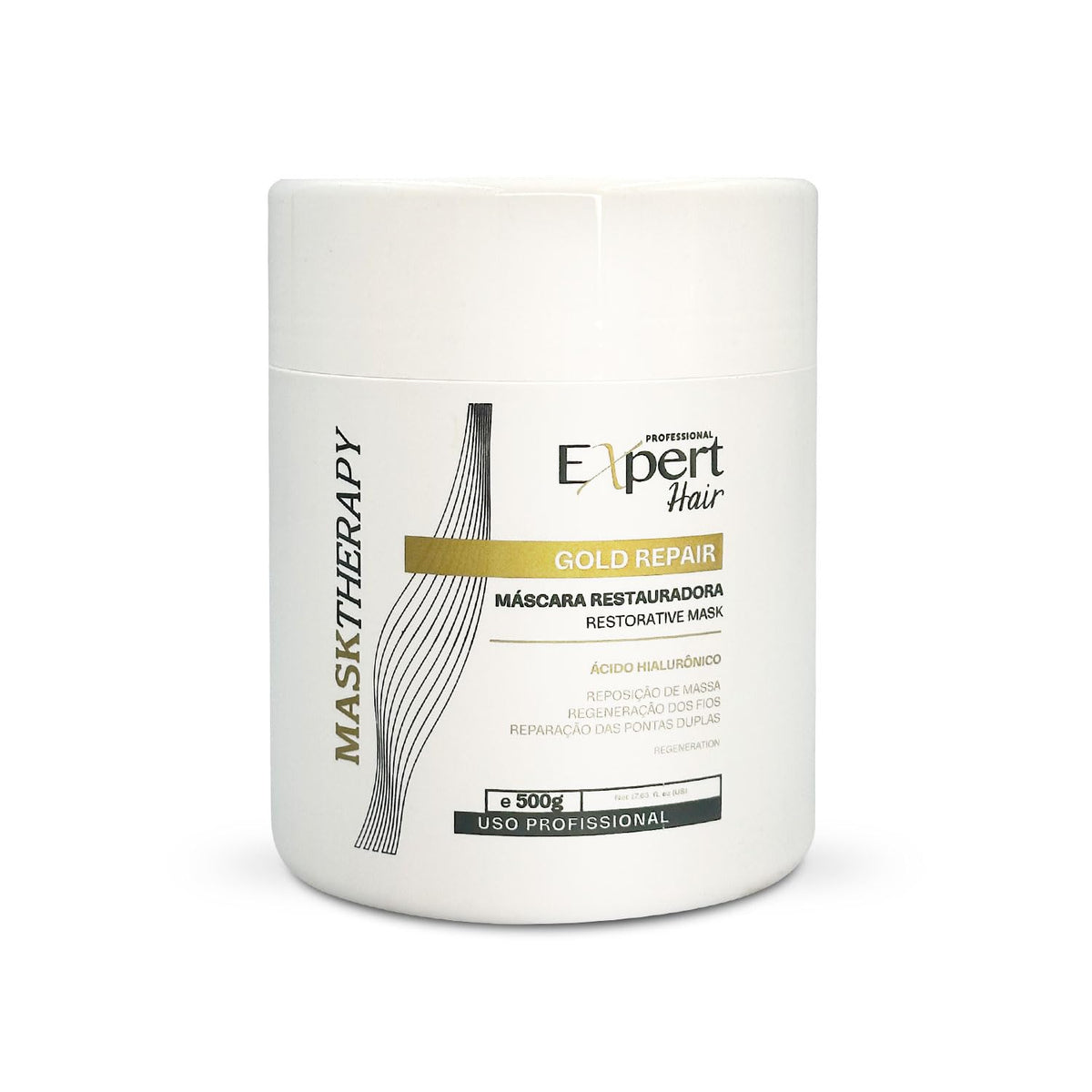 Expert Hair Gold restorative mask jar closeup; rich formula for damaged hair repair.