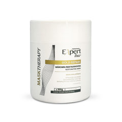 Expert Hair Gold restorative mask jar closeup; rich formula for damaged hair repair.