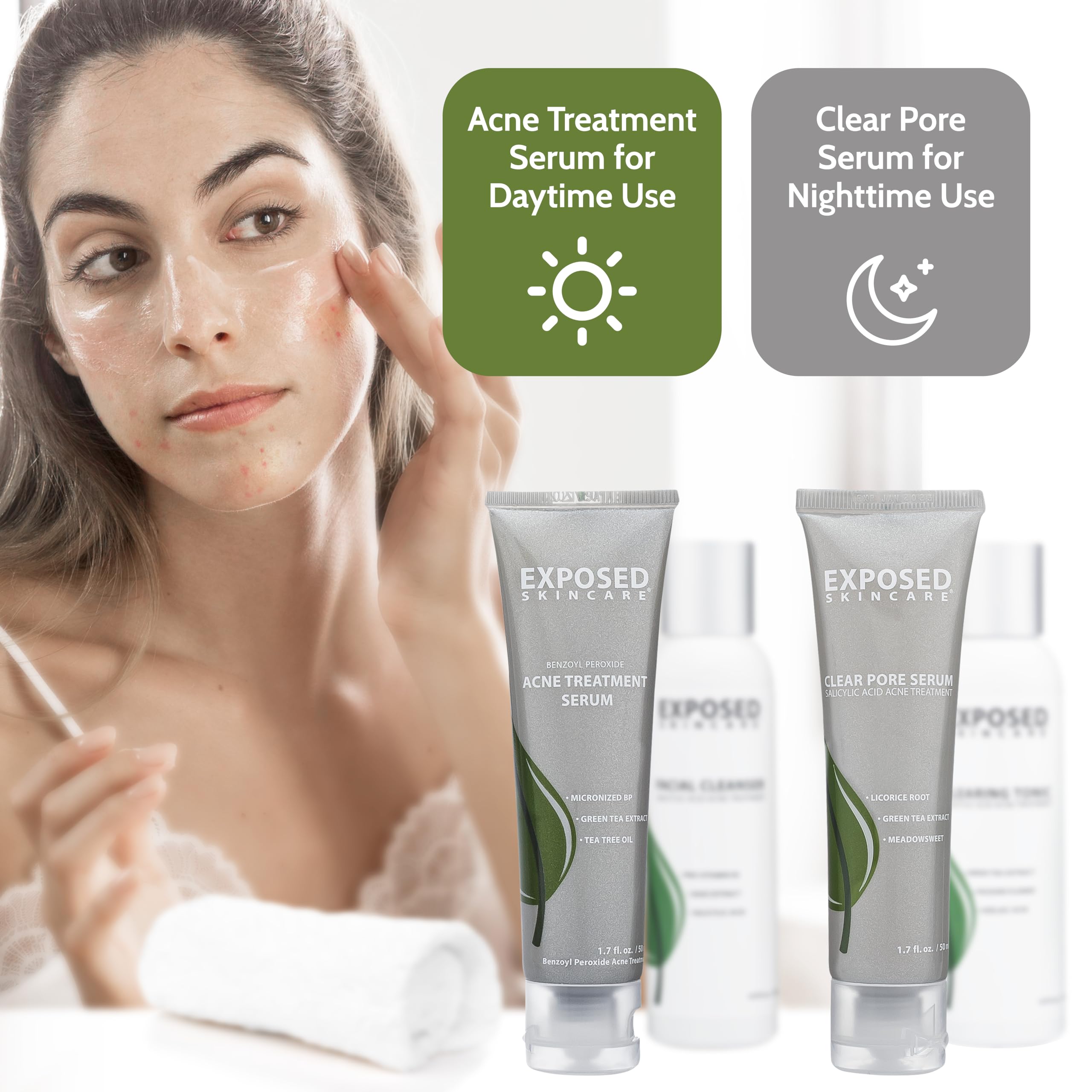 Exposed Skin Care ingredients closeup highlights gentle, non-toxic formula.