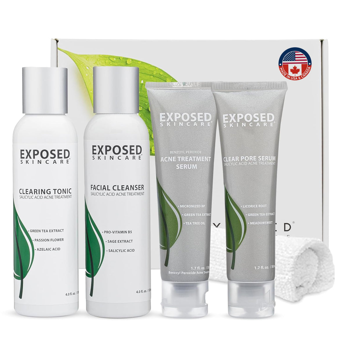 Exposed Skin Care basic acne kit packaging highlights cruelty-free, clean skincare.