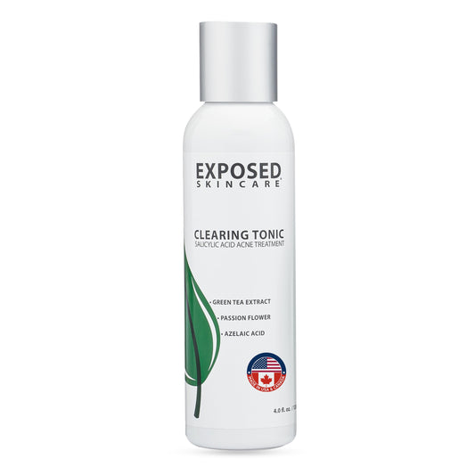Exposed Skin Care Clearing Tonic bottle close-up shows clear pores and refreshed skin.