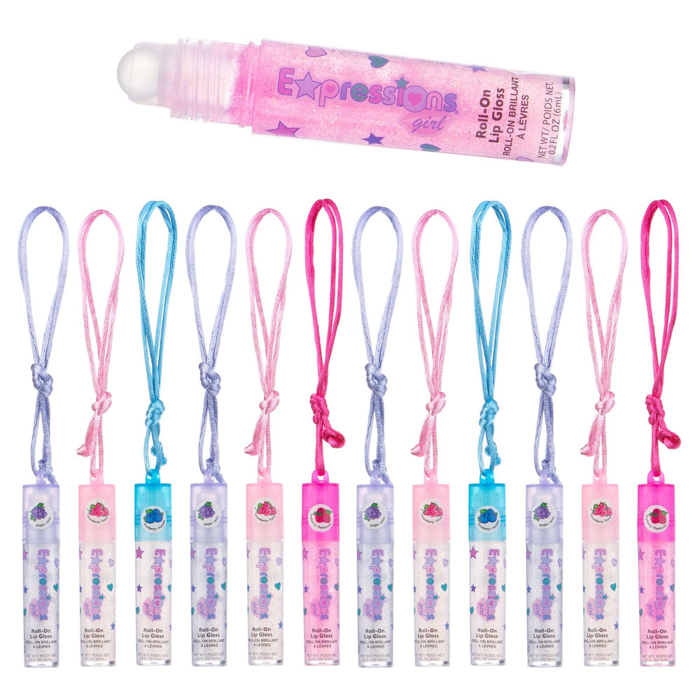 EXPRESSIONS 12pc lip gloss necklaces with varied flavors for playful on the go looks.