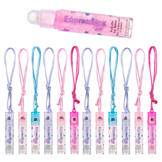 EXPRESSIONS 12pc lip gloss necklaces with varied flavors for playful on the go looks.