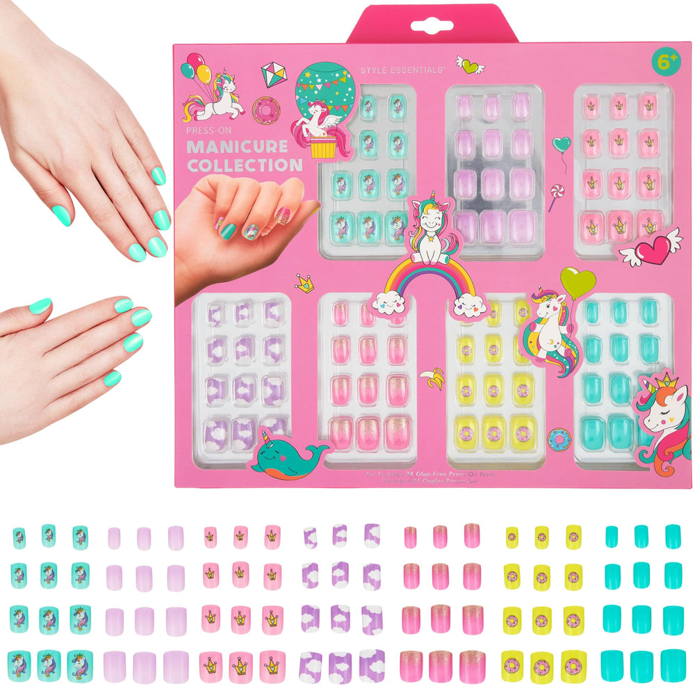 Expressions 7 Day Manicure unicorn nails showing day-by-day glitter designs for playful kids.