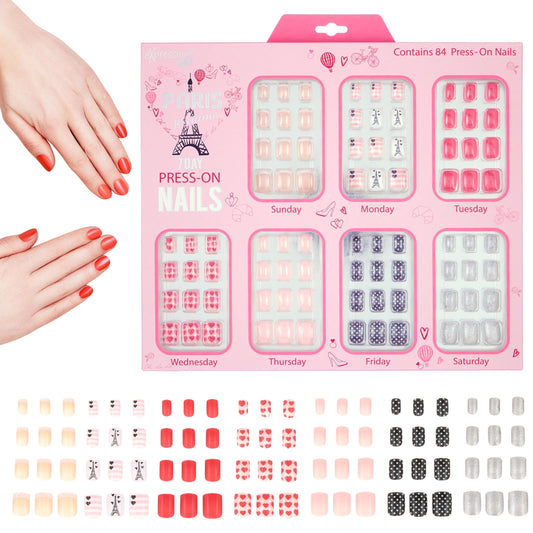 EXPRESSIONS 7-Day Press-On Nails Set box front with diverse designs for weekly kid manicure ideas