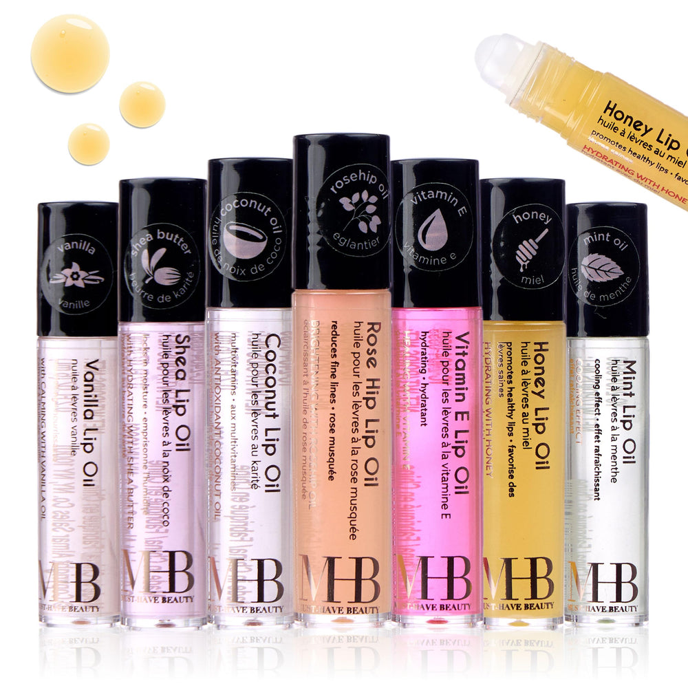 EXPRESSIONS 7pc lip oil collection with rollerball applicator for mess-free application.