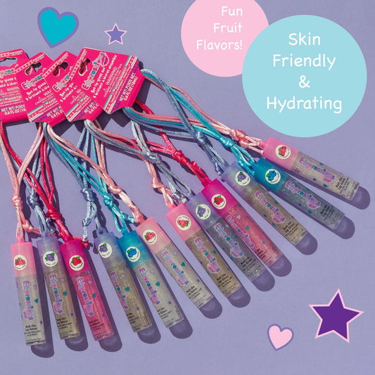 EXPRESSIONS fruit flavored lip gloss necklaces with rollerball for easy application.