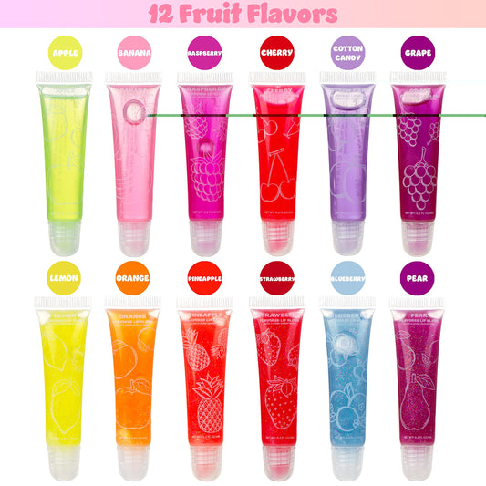Expressions fruit flavors orange blueberry pineapple lip gloss for hydrating application and playful scent.