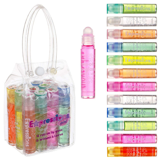 Expressions girl 12pc roll-on lip gloss set with case for safe kid play and storage