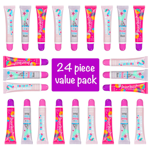Expressions unicorn-flavored gloss tubes offer dreamy shimmer and playful scent.