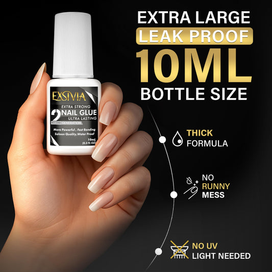 EXSIVIA nail glue 10ml giant size offers long-lasting bond without mess.