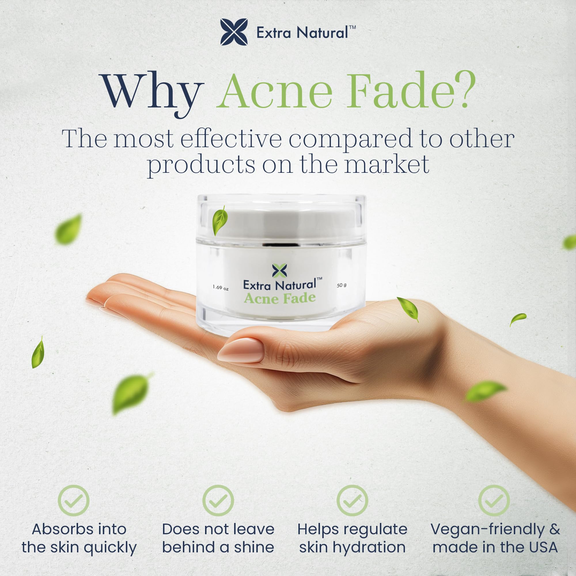 Extra Natural Acne Cream jar close-up highlighting plant-powered formula for calm skin.
