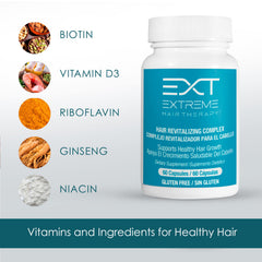 EXTREME HAIR THERAPY vitamins tablet close-up highlighting biotin-rich formula.