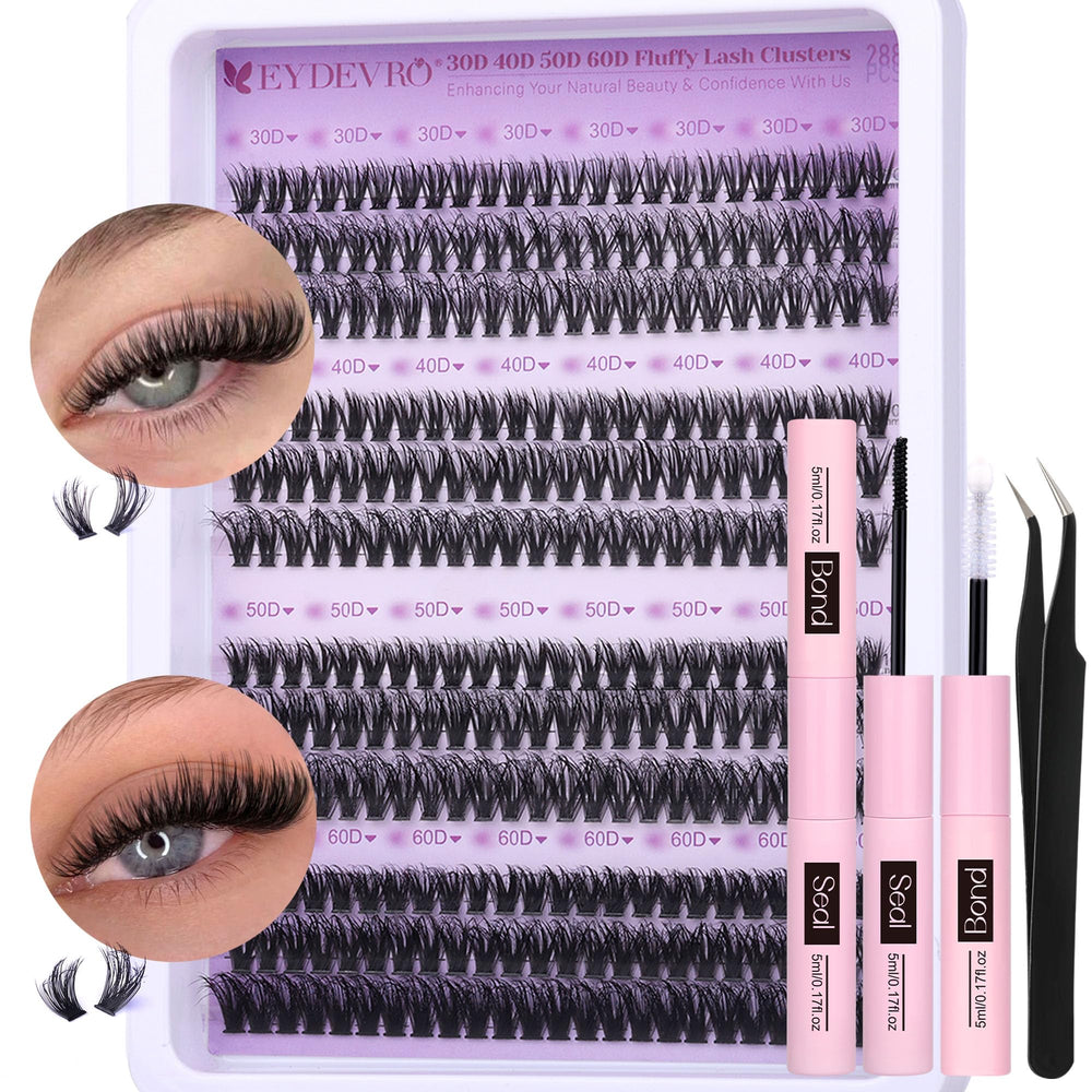 EYDEVRO lash clusters kit showing 30D-60D options for versatile day-to-night looks.