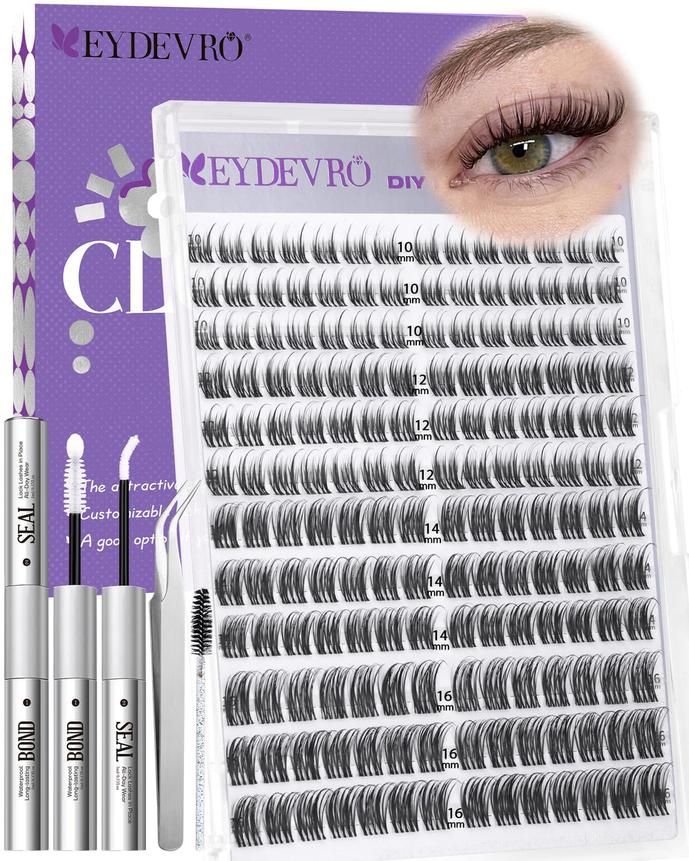 EYDEVRO lash clusters kit with bottle and tools for at-home professional results.