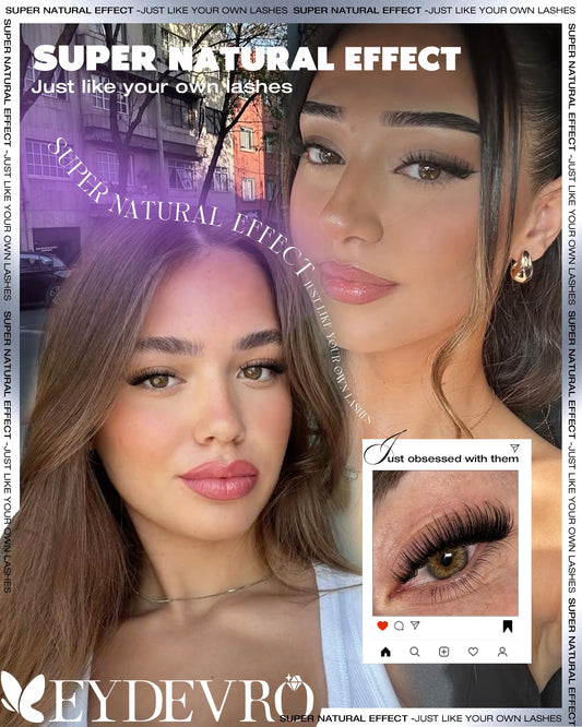 Close-up of EYDEVRO Wispy Clusters lashes blending with natural lashes