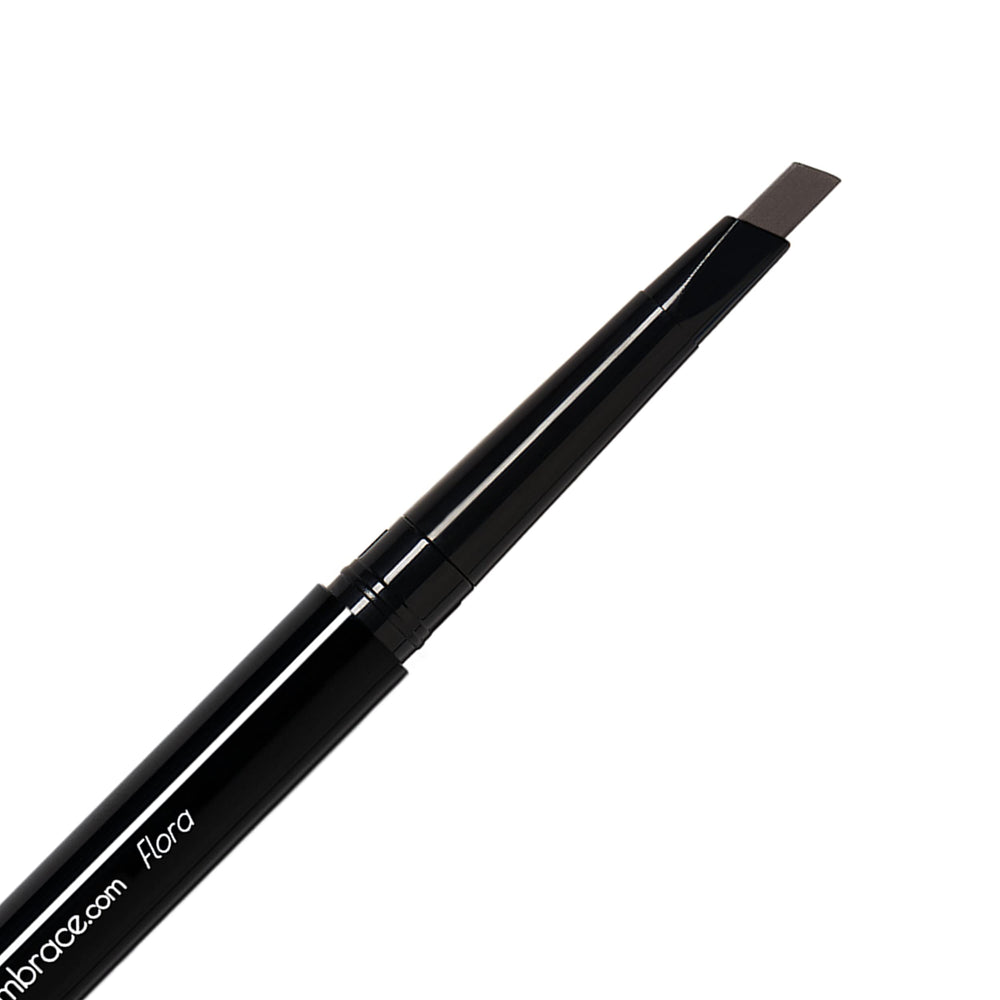 Eye Embrace Flora brow pencil front view showing natural dark brown-gray shade for blending