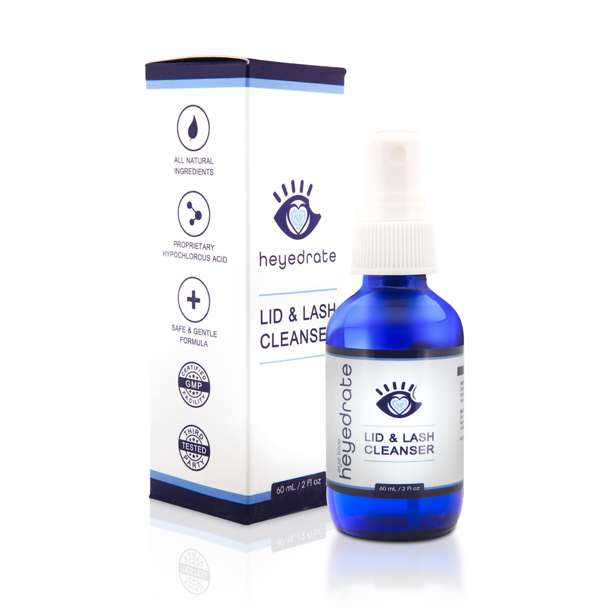 Eye Love lid and lash cleanser bottle-front for easy daily cleansing