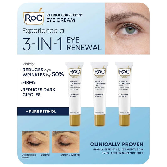 Eye See RoC Line Smoothing Eye Cream pack3 jar smooths lines and hydrates delicate eye skin.