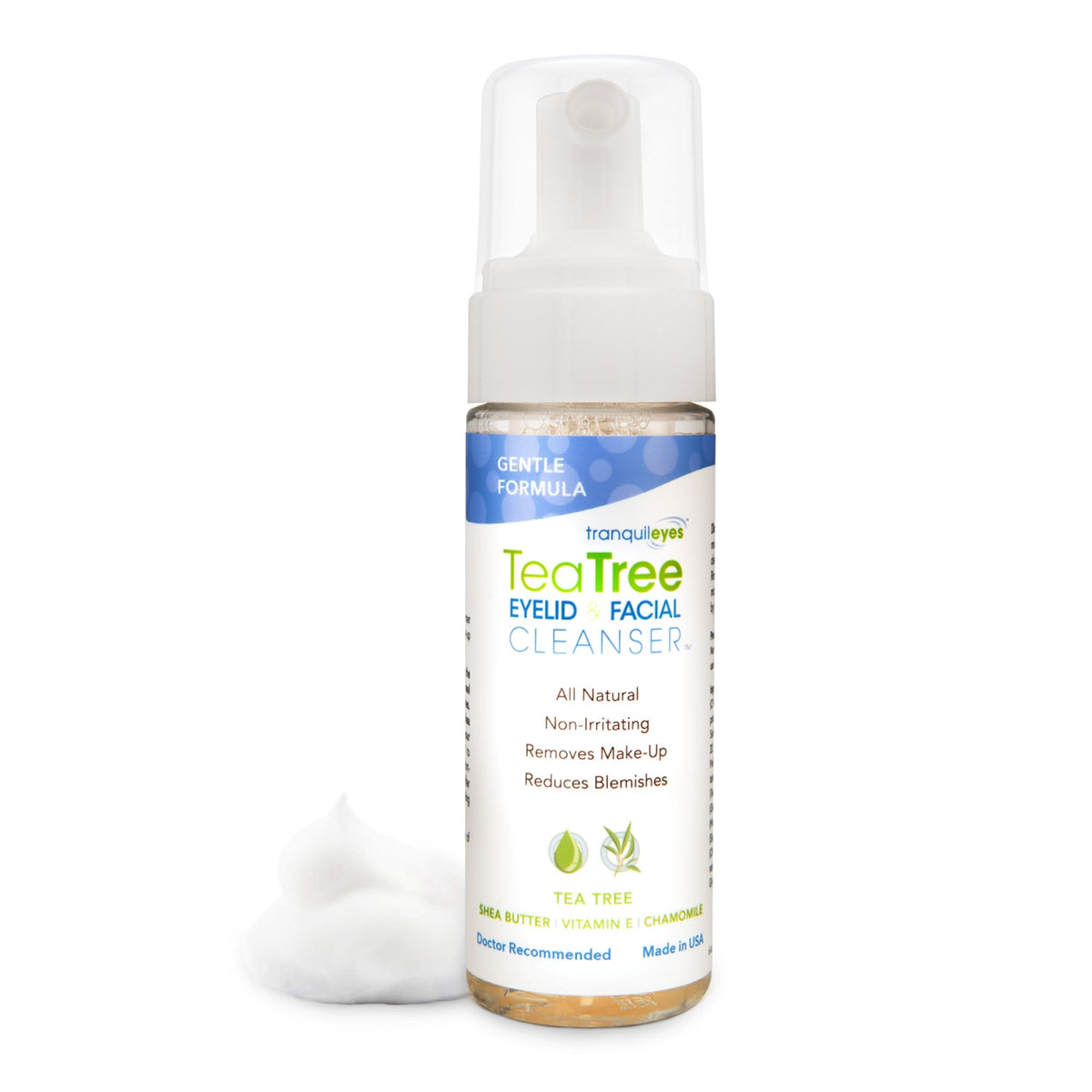 EYEECO Gentle Tea Tree Foaming Cleanser bottle for daily eyelid and facial cleansing.