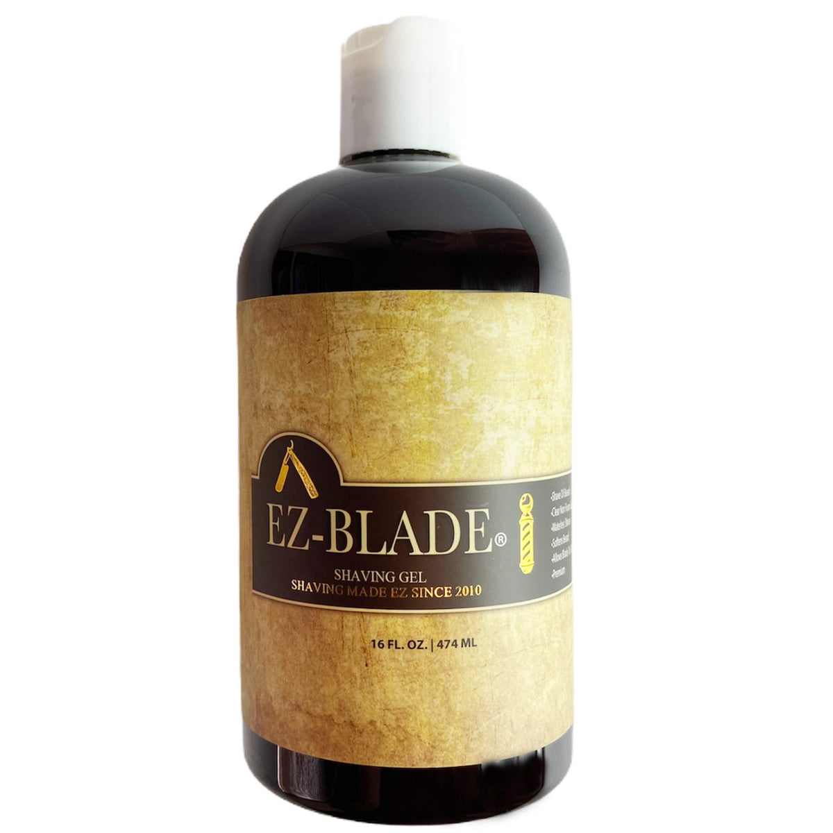 EZ BLADE clear shave gel bottle provides smooth glide for precision shaves.