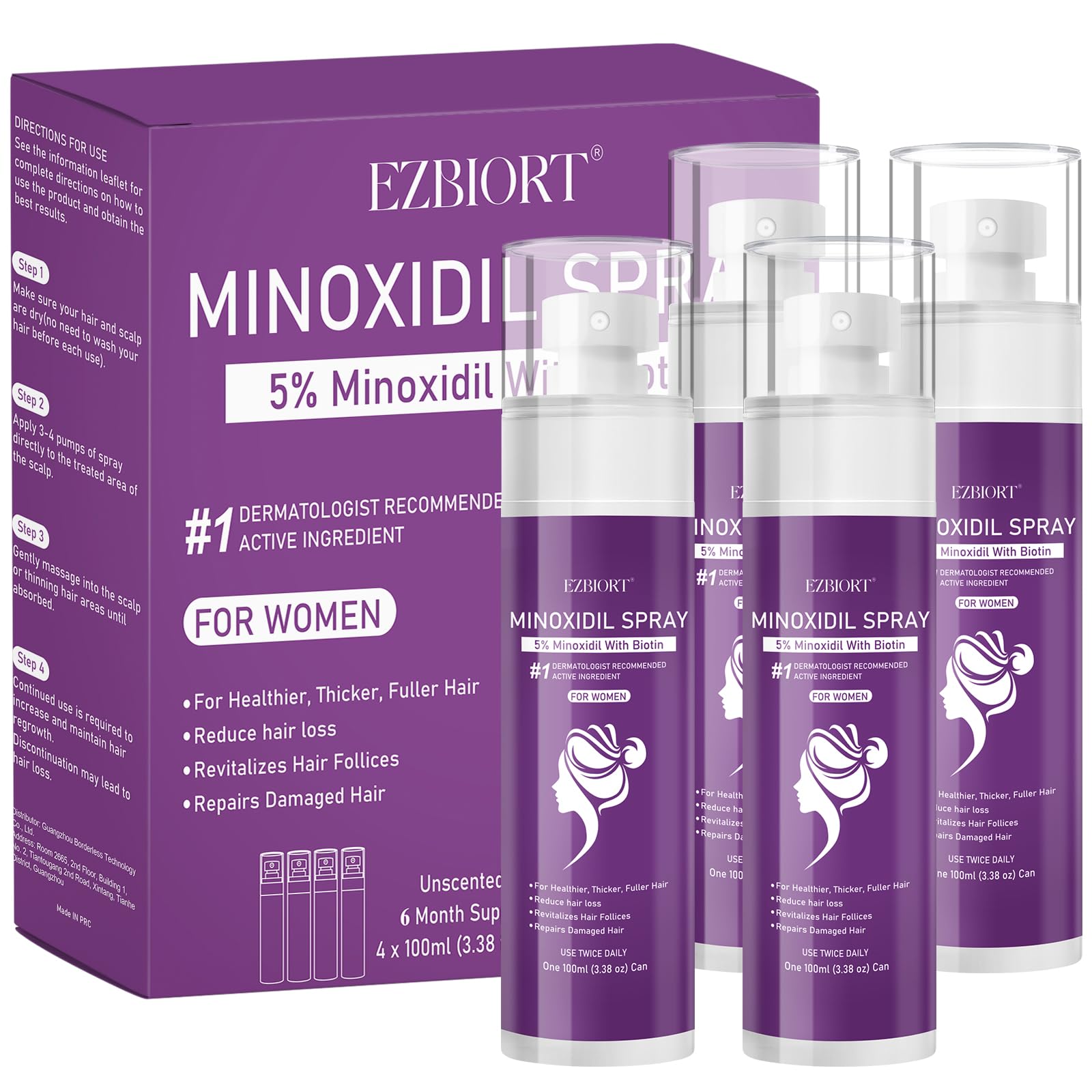 EZBIORT 5% Minoxidil spray bottle for women supports thicker hair.