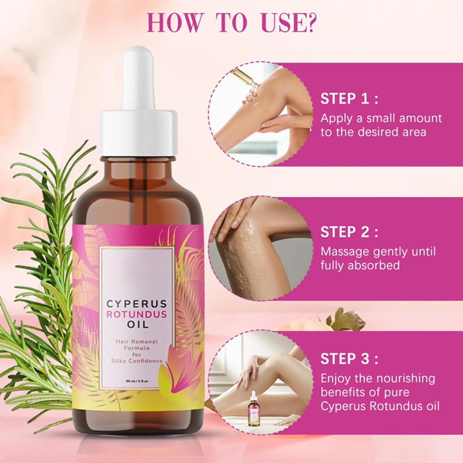 EZBNG Cyperus Rotundus Oil bottle with natural ingredients layout.