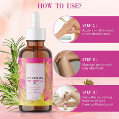 EZBNG Cyperus Rotundus Oil bottle with natural ingredients layout.