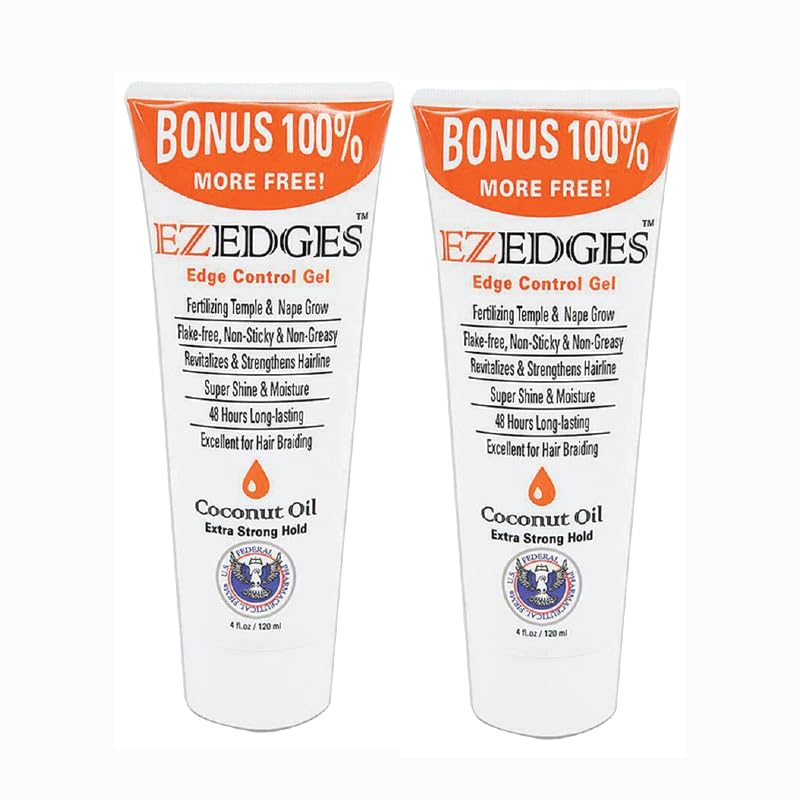 EZEDGES edge control gel bottle pour delivering extra strong hold and coconut oil moisture for sleek edges.