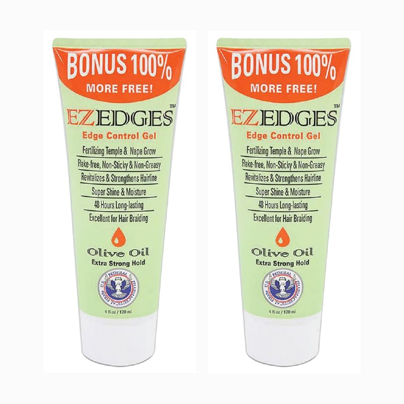 EZEDGES edge-control gel with olive oil, 4 oz pack 2, delivers 48-hour hold.