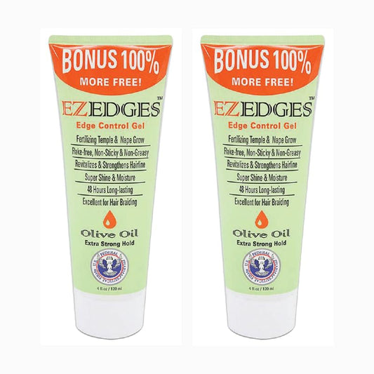 EZEDGES edge-control gel with olive oil, 4 oz pack 2, delivers 48-hour hold.