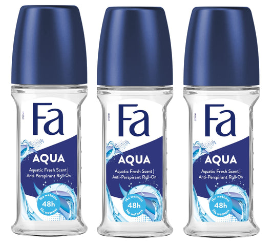 Fa deodorant Aqua 3-pack bottle for all-day freshness and lightweight protection.
