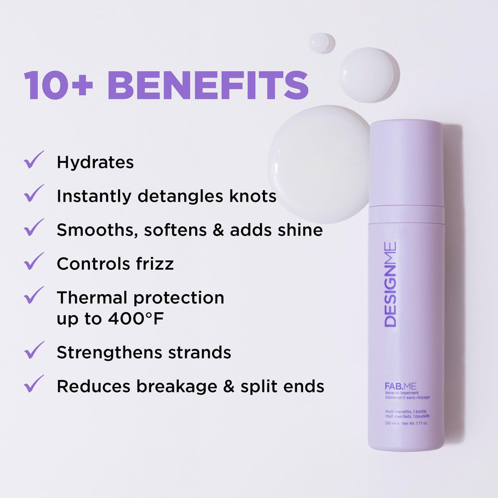 Fab.ME leave-in strengthens hair to reduce breakage and improve resilience.