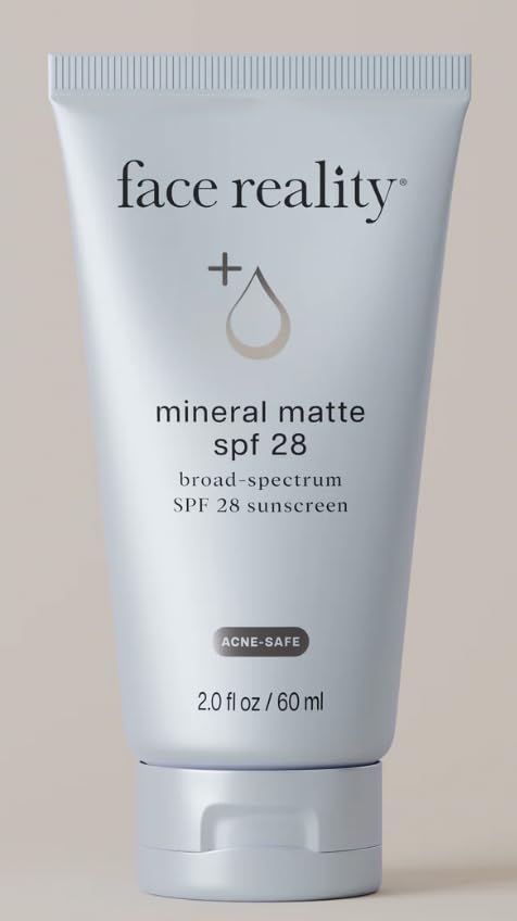 Face Reality Mineral Matte SPF28 bottle offering UVA/UVB protection with a velvety matte finish for sensitive skin
