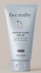 Face Reality Mineral Matte SPF28 bottle offering UVA/UVB protection with a velvety matte finish for sensitive skin